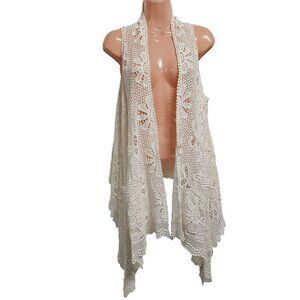 Johnny Was Crochet Lace Floral Boho Vest Ivory White Women Size M 100% Cotton